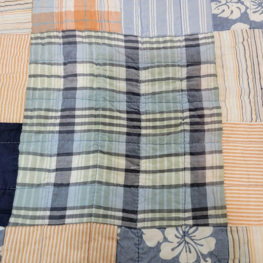 Nautica Twin Patchwork Quilt Navy Blue Orange 100% Cotton Bedcover Quilted Plaid